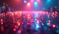 Disco lights reflect on shiny surface. Multicolored beams create festive atmosphere. Lively setting. Nighttime scene. Party