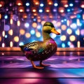 A disco-loving duck in a glittering disco outfit, grooving on the dance floor1