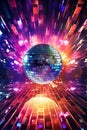 Disco or mirror ball with rainbow on colorful dark background with lights and sparcles. Royalty Free Stock Photo