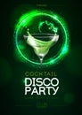 Disco modern cocktail party poster with neon green sphere and realistic 3d margarita cocktail. Royalty Free Stock Photo