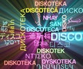 Disco multilanguage wordcloud background concept glowing Royalty Free Stock Photo