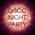 Disco night party banner on abstract explosion background with gold glittering elements. Burst of glowing star. Dust Royalty Free Stock Photo