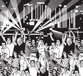 Disco open air crowd young people dance black and white. Royalty Free Stock Photo