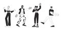 Disco party dancers group black and white 2D line cartoon characters set