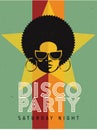 Disco party event flyer. Creative vintage poster. Vector retro style template. Black woman in sunglasses.