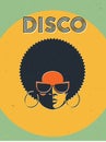 Disco party event flyer. Creative vintage poster. Vector retro style template. Black woman in sunglasses