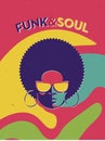 Disco party event flyer. Creative vintage poster. Vector retro style template. Black woman in sunglasses.