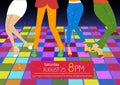 Disco party flyer. Feet of people dancing on club party. Unrecognizable