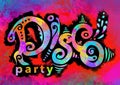 disco party, multicolored words, creative lettering with digital painting effect, texture and pattern, illustration