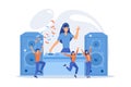 Disco party. People dancing in club and having fun. Nightclub, nightlife, discoteque, clubbing. Female DJ cartoon character. Royalty Free Stock Photo