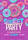 Disco party poster with colorful sweet donuts. Junk fast food background