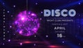 Disco party poster. Dance and music night party flyer with 80s disco ball and light effects. Vector celebration with