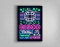 Disco party poster neon banner. Nightclub party, neon style flyer, disco ball, musical night posters template, bright Royalty Free Stock Photo