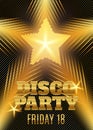 Disco party poster template with shining gold star.