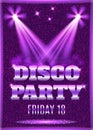 Disco party poster template with shining spotlights.