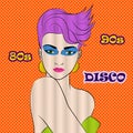 Disco party 80s 90s club music advertising promo creative poster with young attractive girl vector illustration Royalty Free Stock Photo