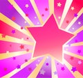 Disco party 70âs or 80âs style poster with red, pink, violet, lilac sunburst, confetti and star award sign