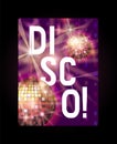 Disco poster, banner vector illustration. Life begins at night. Entertainment and event, disco show. Shining disco ball