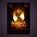 Disco poster fire background. Burning Disck or record