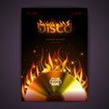 Disco poster. fire background. Burning Disck or record Royalty Free Stock Photo