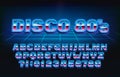 Disco 80s alphabet font. Glowing 3D letters and numbers in 80s style.