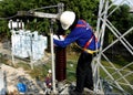 Disconnecting switch insulator cleaning by a worker at Take-off tower in substation Royalty Free Stock Photo