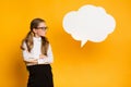 Discontented Schoolgirl Thinking Standing Near Speech Bubble, Mockup, Studio Shot