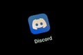 Discord messaging app application software logo icon on a smartphone tablet mobile phone device display screen macro, extreme Royalty Free Stock Photo