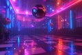 Discotheque with disco balls and colorful neon lights. Generative AI