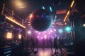 Discotheque in a nightclub, disco ball in neon light.AI generative illustration Royalty Free Stock Photo