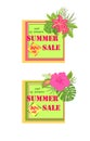 Discount abstract labels variation for summer sale with pink lily, hibiscus and tropical exotic and banana leaves
