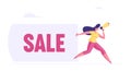Discount Advertising Alert Business Concept. Woman Character Shouting to Megaphone Pulling Huge Banner with Sale