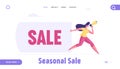 Discount Advertising Alert Business Landing Page Template. Woman Character Shouting to Megaphone Pulling Huge Banner