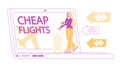 Discount Airline Offer, Cheap Flight, Travel Budget Concept. Tiny Female Character with Baggage Stand at Huge Laptop