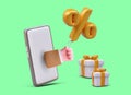 Discount as gift. Realistic hand sticking out of smartphone and holding percentage balloons