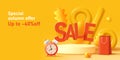 Discount autumn banner with 3d render illustration of podium with volume sale letters and clock with shopping bag, fall Royalty Free Stock Photo