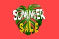 Discount background design with jungle palm leaves. Colorful banner with tropical leaf on a red background. Summer sale banner.