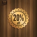 Discount badge on wooden background. Sale poster. Twenty percent offer. Product promotion. Vector.