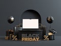 Discount banner template for Black Friday with a laptop screen mockup, black and gold stuff and copy space in 3D rendering. Super