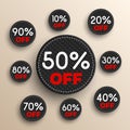 Discount banners. -10% -20% -30% -40% -50% -60% -70% -80% -90% off icons.