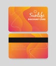 A discount card. Loyal customer card with abstract background, sun and lettering. Vector illustration