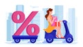 Discount city shop sales vector illustration, cartoon flat happy shopaholic woman character driving scooter, carrying