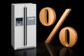 Discount concept. Modern fridge with side-by-side door system with golden percent symbol, 3D rendering Royalty Free Stock Photo
