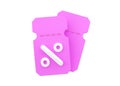 Discount coupon 3d render icon - sale promo label, pink price tag with percent