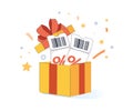 Discount coupon illustration, vector event ticket icon badge, gift box, special voucher concept. Holiday sale, lucky Royalty Free Stock Photo