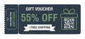 Discount coupon 55 percent off. Gift voucher with percentage marks, qr code and promo codes for website, internet ads