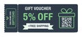 Discount coupon 5 percent off. Gift voucher with percentage marks, qr code and promo codes for website, internet ads