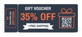 Discount coupon 35 percent off. Gift voucher with percentage marks, qr code and promo codes for website, internet ads