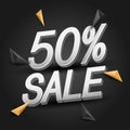 50% discount, 3D Sale banner with isometric triangles elements. Abstract background for advertising web poster. Vector.