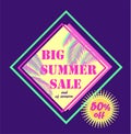 Discount purple label for big summer sale with pink and mint color palm leaves